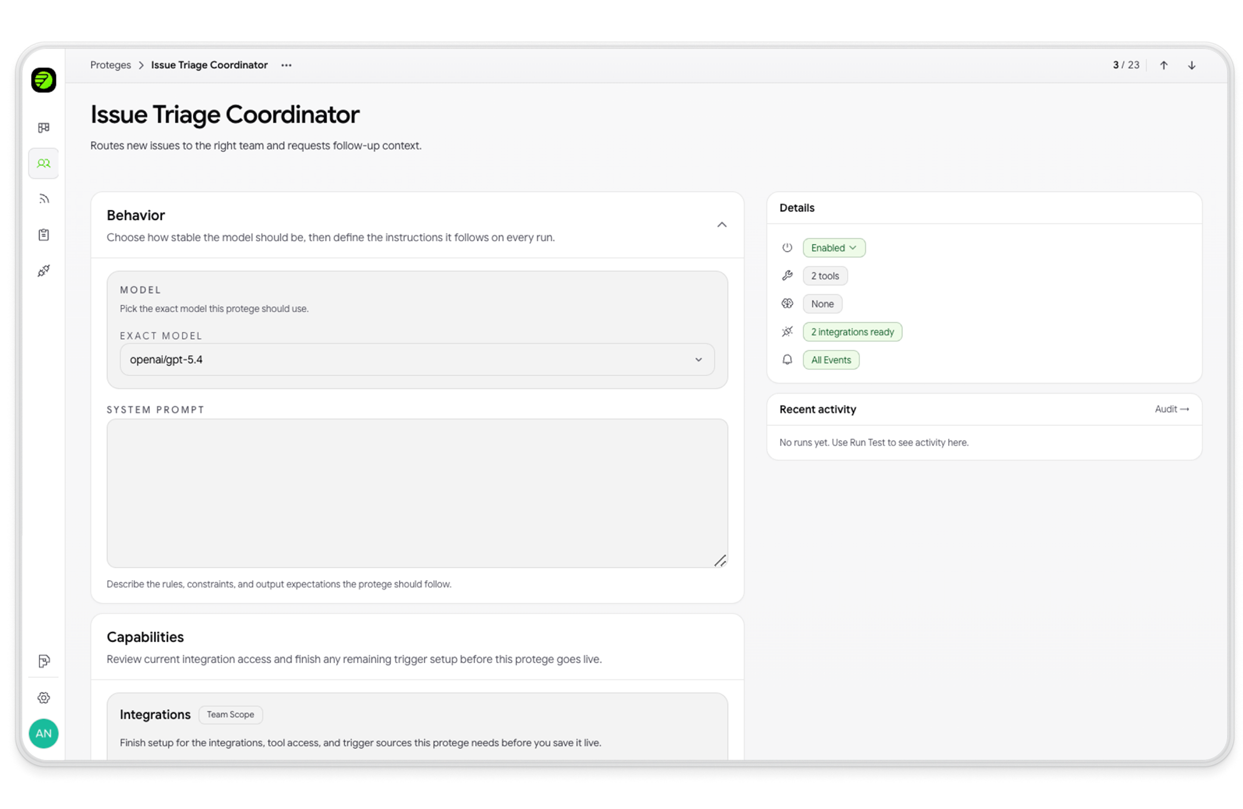 Hookshot™ setup screen — AI agent workflow configuration with model selection, trigger status, and governance controls.